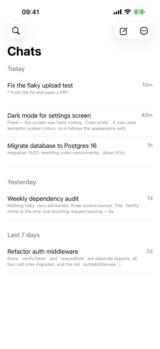 Matron's chat list on iPhone: agent sessions grouped by day, each with a live summary of what the agent last did