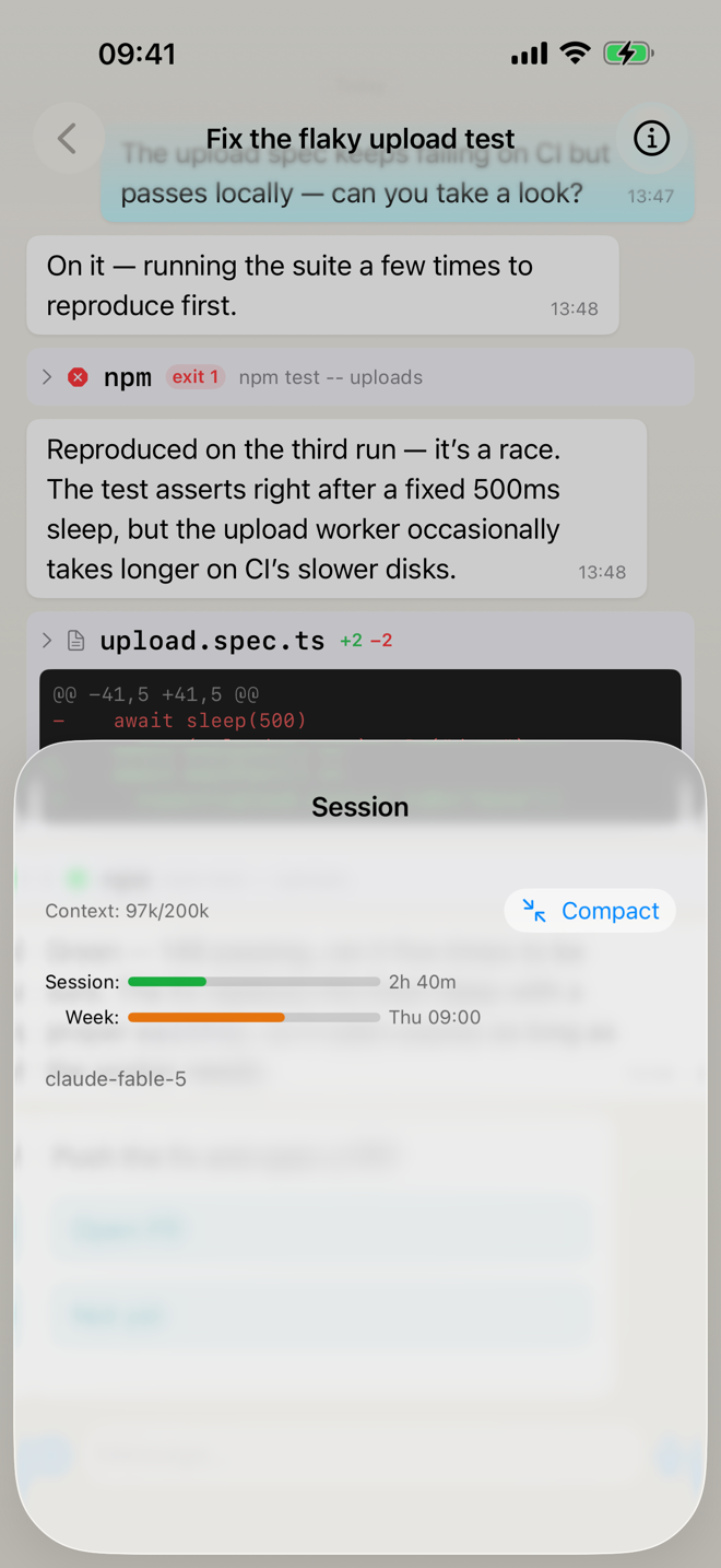 Matron's session sheet: context 97k of 200k tokens, session and weekly rate-limit bars with reset times, the model name, and a Compact button