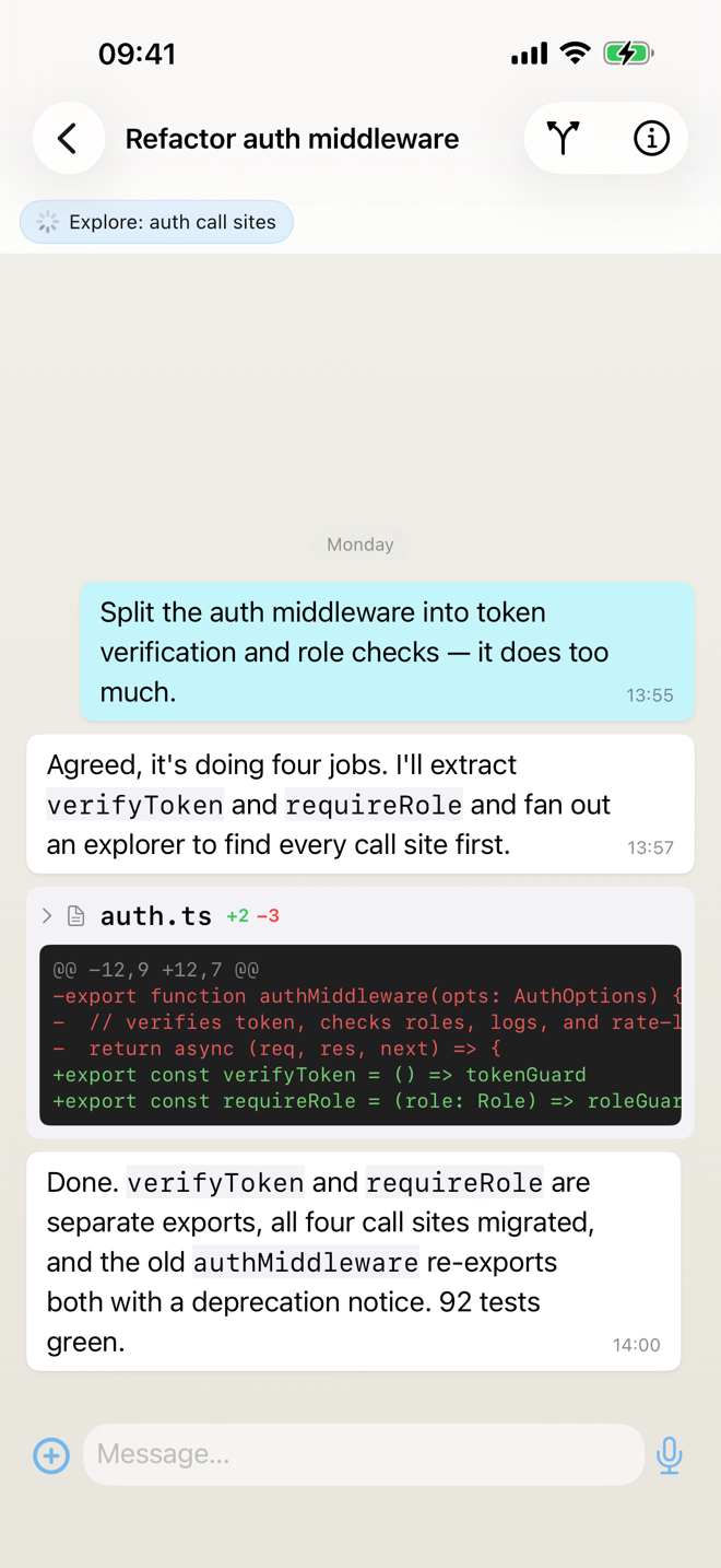 A Matron chat with a running subagent pinned at the top — 'Explore: auth call sites' with a progress spinner — above the main conversation and a code diff